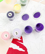Close-up of numbered paint pots with purple and pink shades on a nature-themed paint-by-number canvas for Paint-by-Number Nature Series Kit - 2 Designs