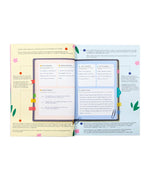 Open pages of Affirm Your World 4-Week Workbook showing daily reflections and gratitude prompts with colorful tabs.