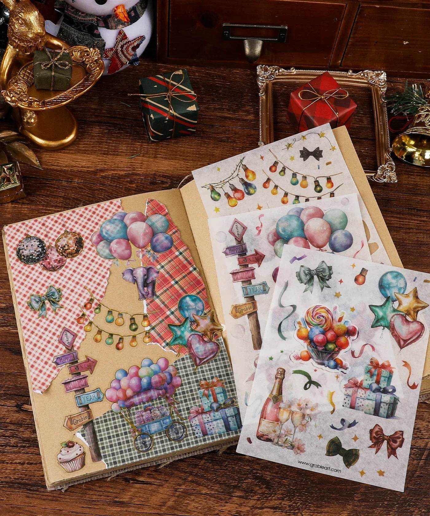 8 Sheets Grabie Exclusive New Year Sticker Set with colorful balloons, gifts, and festive decorations for scrapbooking and art supplies