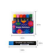 Premium Oil Pastel Set Of 6 with vibrant colors in a compact Happy Holidays themed plastic case for art supplies.
