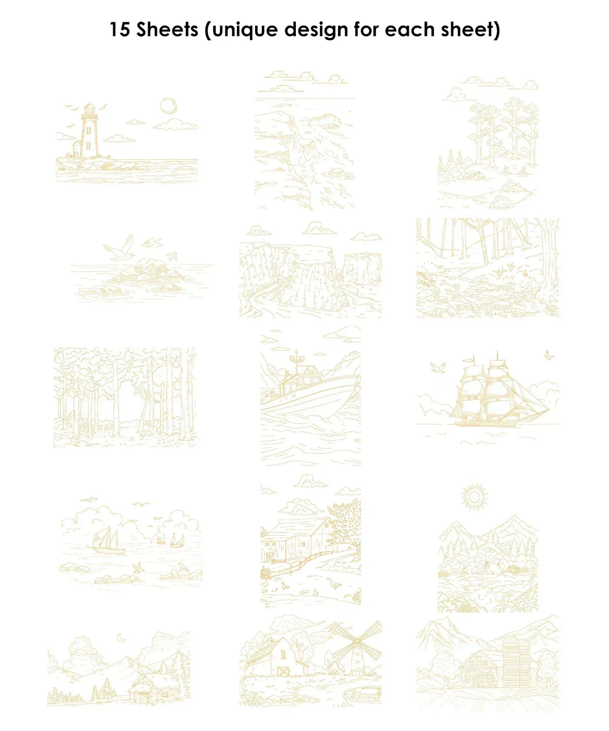 15 Sheets 140LB Landscape-Themed Watercolor Coloring Book showing 15 unique nature and scenic line art designs