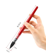 Hand holding a red synthetic watercolor paint brush from the Watercolor Paint Brush Favorites Bundle with size measurements.