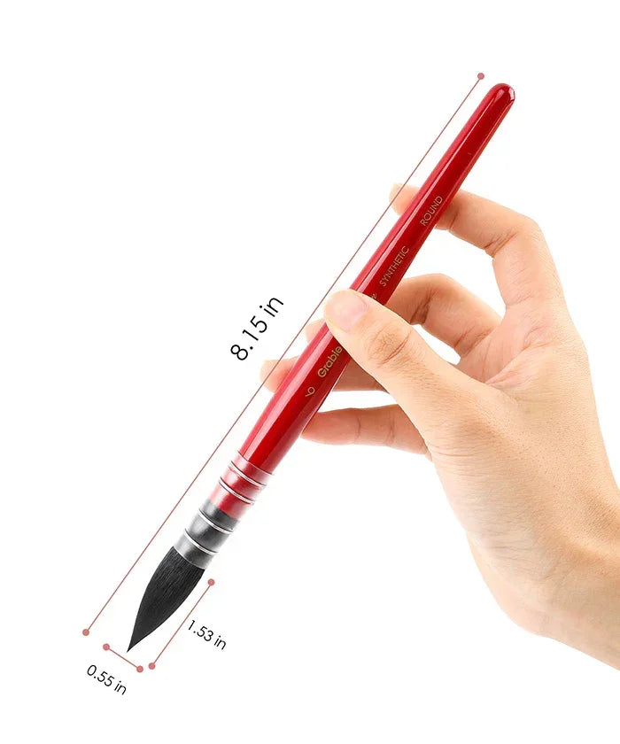 Hand holding a red synthetic watercolor paint brush from the Watercolor Paint Brush Favorites Bundle with size measurements.
