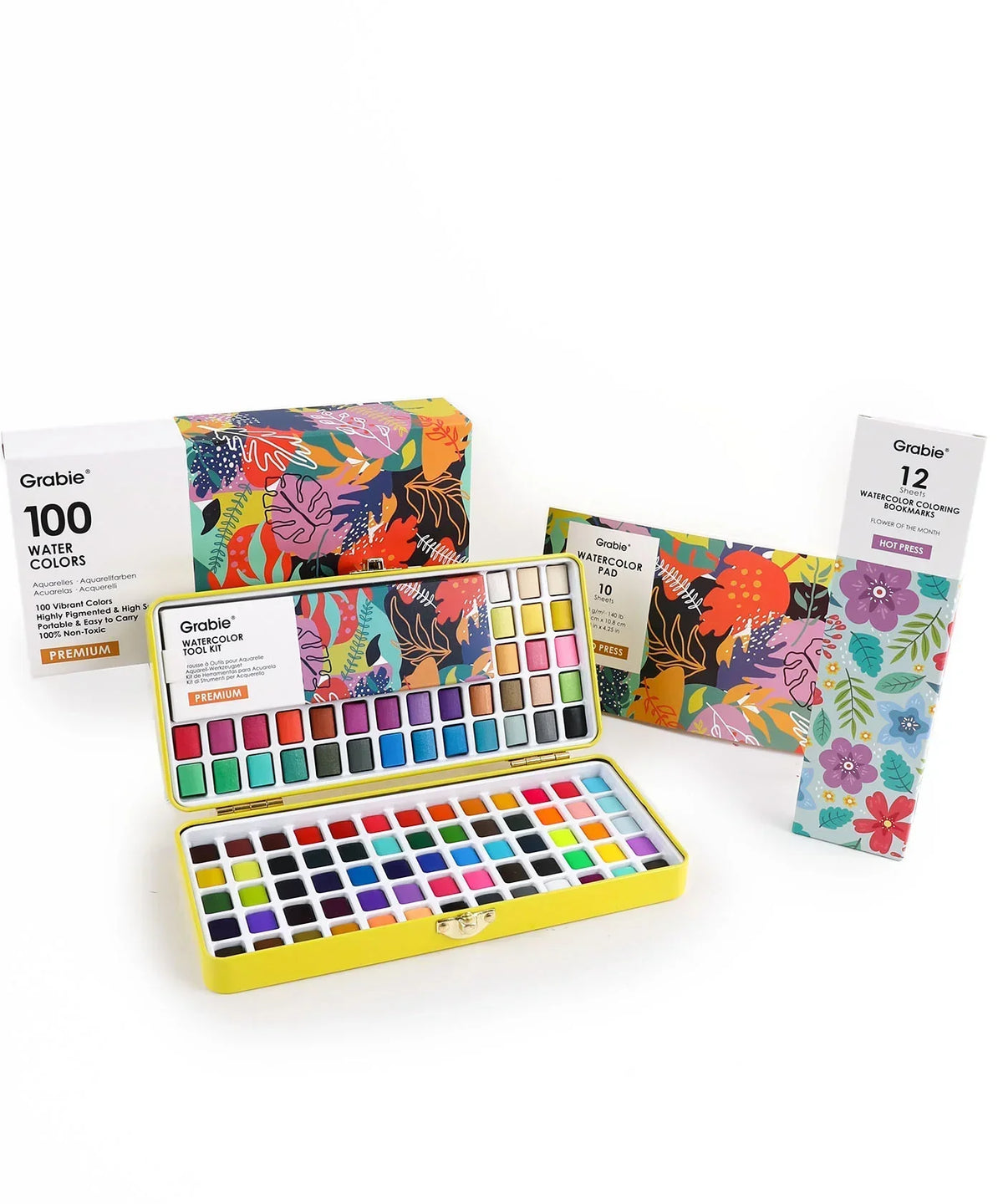 All-In-One Premium Watercolor Set of 100 With Coloring Bookmarks showcasing vibrant watercolors and art supplies for creative projects