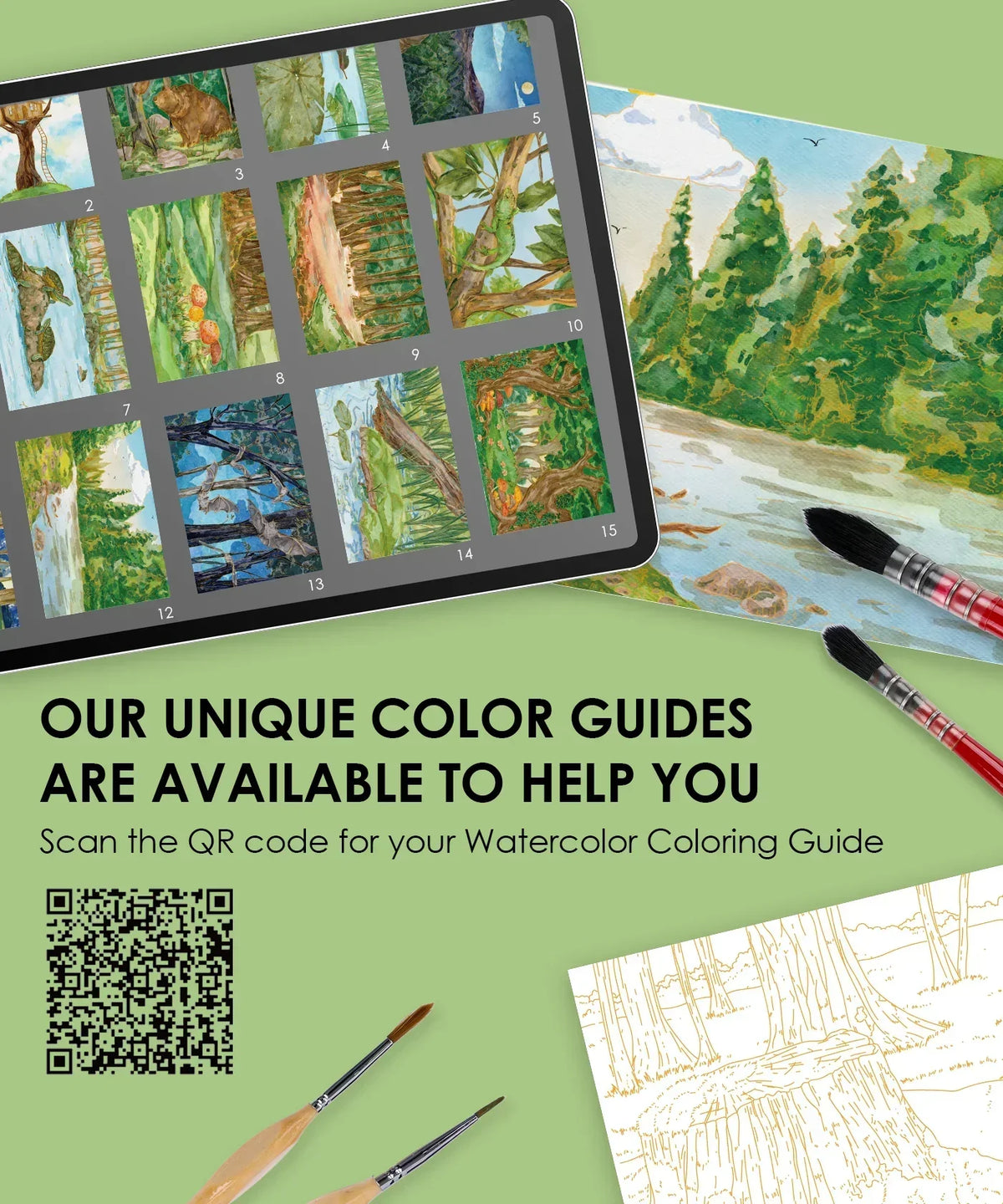 Watercolor painting supplies and digital color guides with forest-themed art from the Forest-Themed Watercolor Coloring Club Box