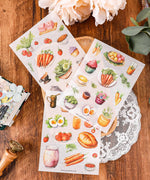 6 Sheets Grabie Exclusive Farmer's Market Sticker Set featuring watercolor vegetables, fruits, and food art for scrapbooking