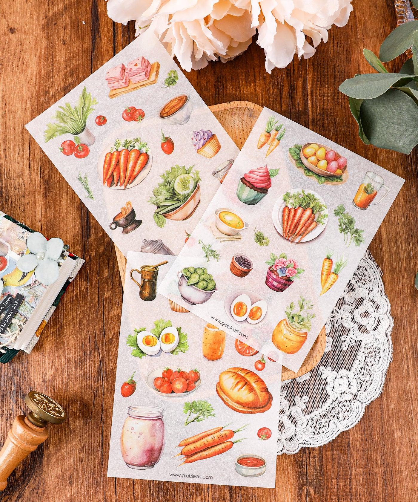 6 Sheets Grabie Exclusive Farmer's Market Sticker Set featuring watercolor vegetables, fruits, and food art for scrapbooking