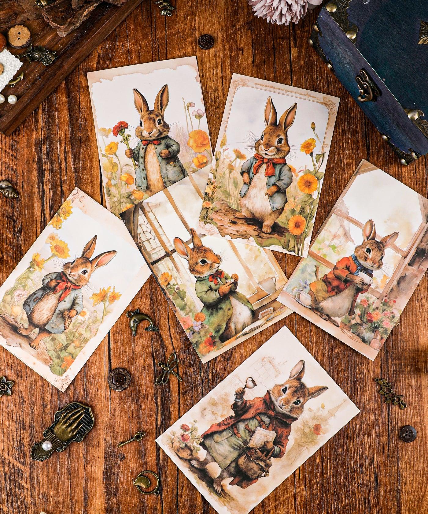 Grabie Exclusive 6 Pack Postcards With 6 Matching Envelopes featuring vintage-style illustrated rabbits in nature scenes.