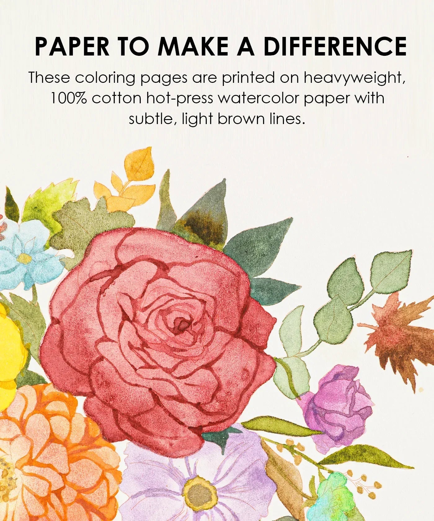 Close-up of watercolor floral art with informational text for Autumn-Themed Watercolor Coloring Club Box on cotton paper