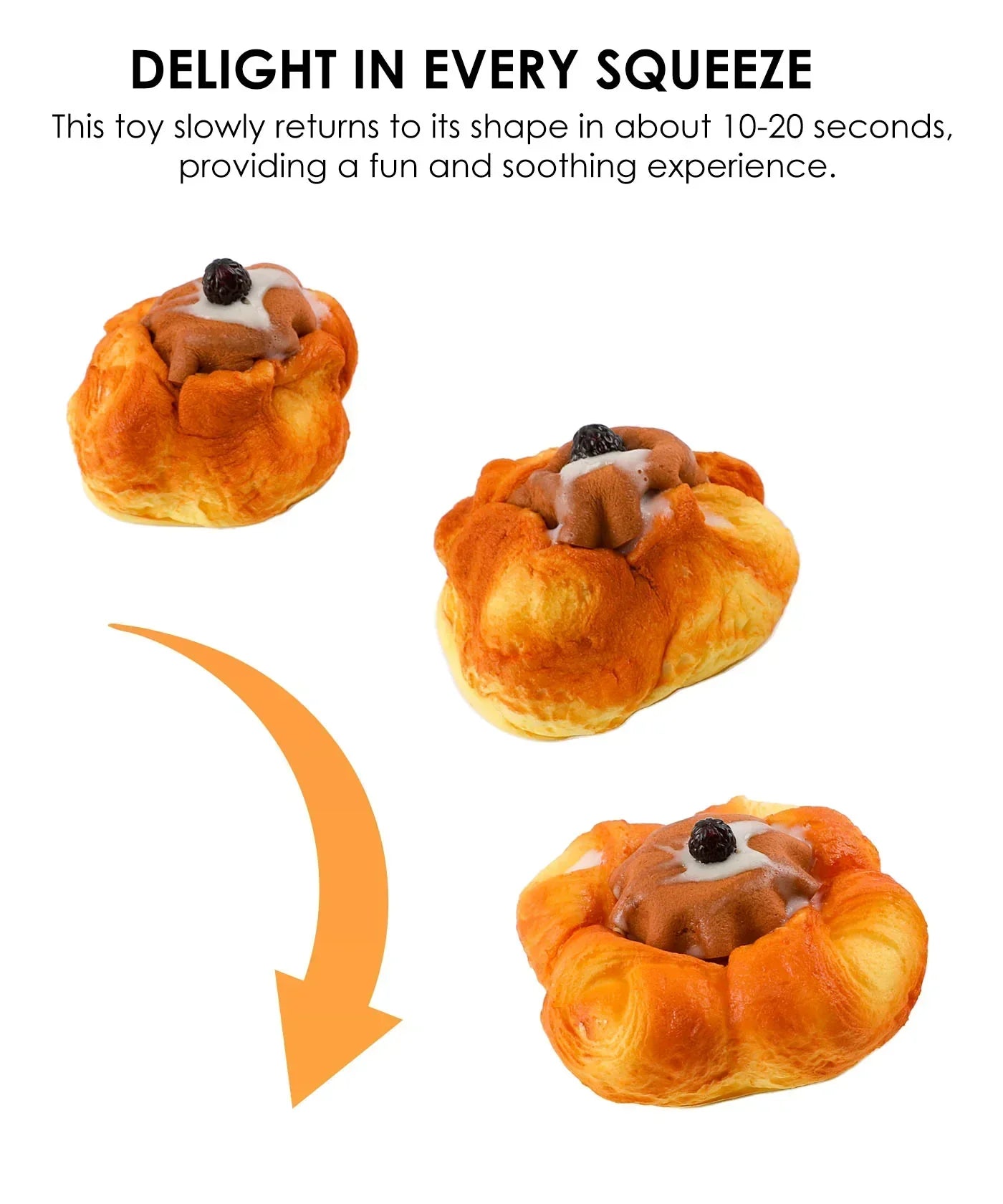 Feel-Good Stress Relief Foam Squishy - Chocolate Flower Bread shown being squeezed and slowly returning to original shape
