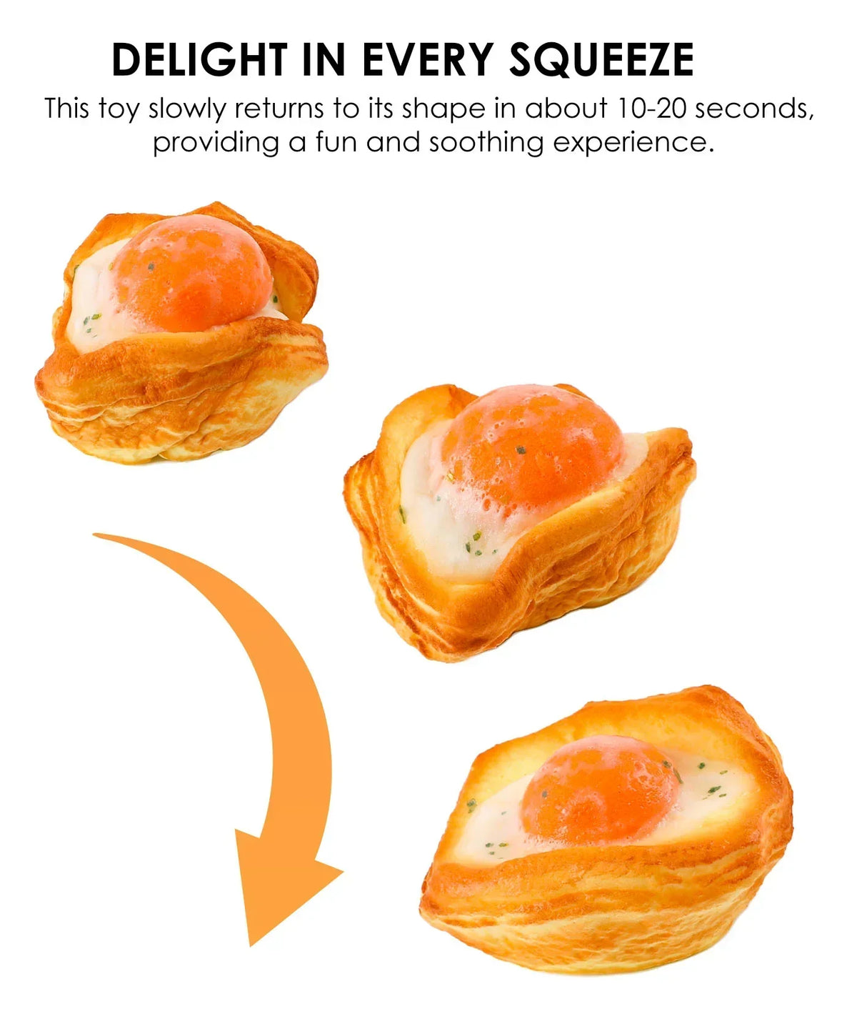 Feel-Good Stress Relief Foam Squishy - Fried Egg Bun shown in stages of being squeezed and returning to shape.