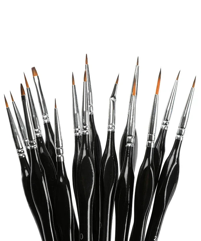 15 Pcs Miniature Detail Brush Set with fine pointed black handles ideal for precise painting in art supplies and watercolor projects