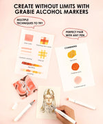 Hand drawing of a girl using Dual-Tip Skin Tone Alcohol-Based Marker Set of 36 with art technique samples and marker pens nearby