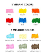 Color swatches showing 6 vibrant and 6 metallic shades for Premium Oil Pastel Set Of 6 art supplies