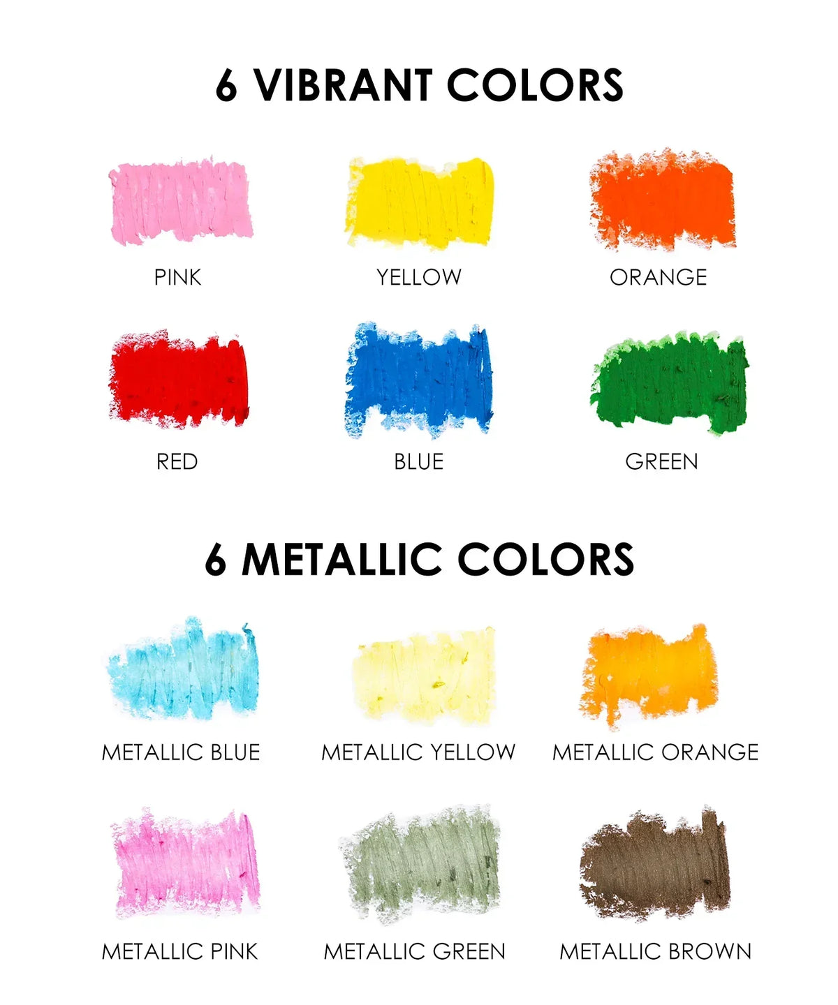 Color swatches showing 6 vibrant and 6 metallic shades for Premium Oil Pastel Set Of 6 art supplies