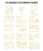 15 Sheets 140LB Forest-Themed Watercolor Coloring Book showing 15 unique detailed forest illustrations for watercolor art supplies