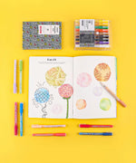 Let Your Feelings Flow Grabie Art Club Box with markers and open sketchbook showing colorful floral and abstract drawings