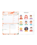 Open pages of Affirm Your World 4-Week Workbook showing daily affirmation and joyful expressions illustrations.