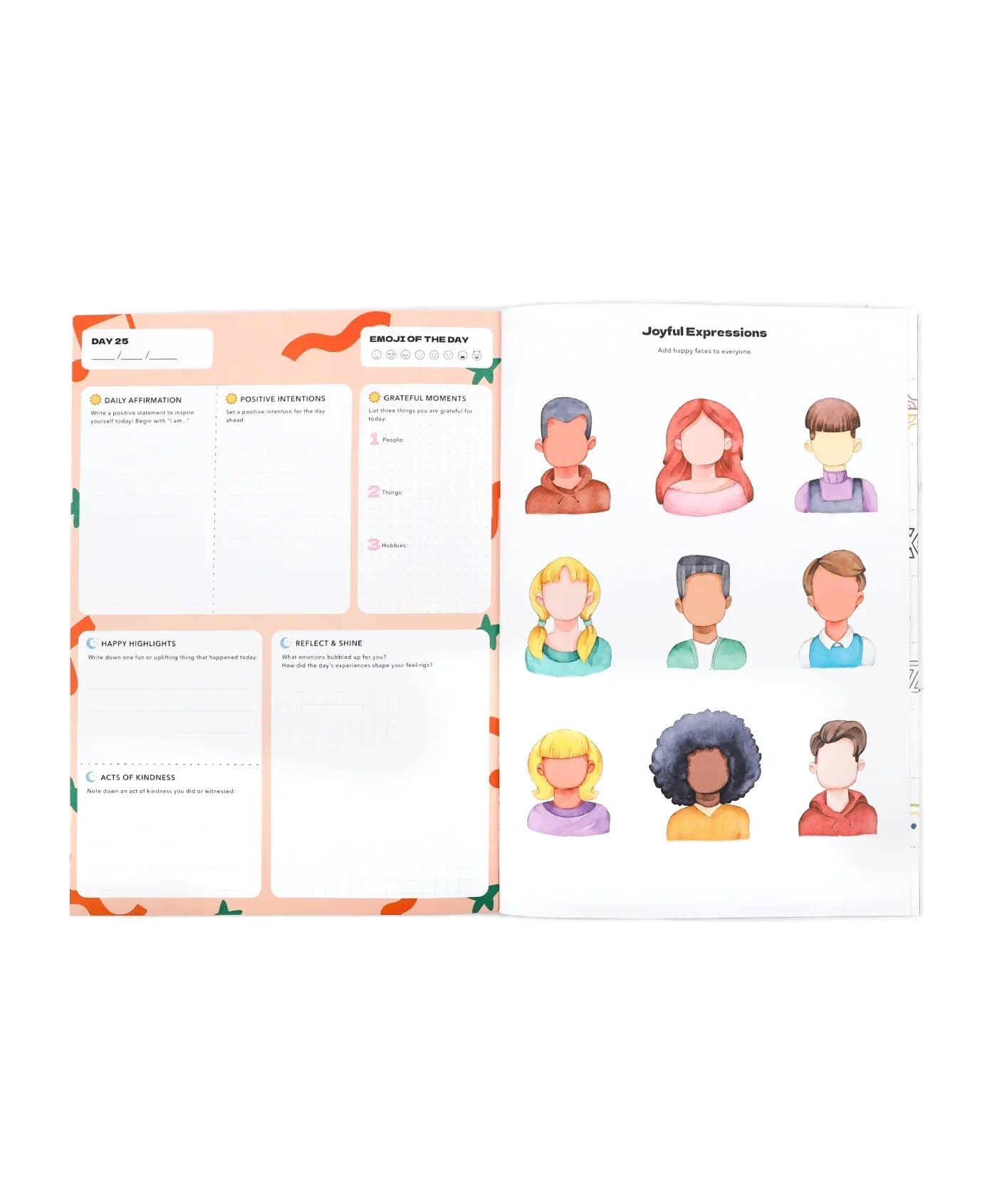 Open pages of Affirm Your World 4-Week Workbook showing daily affirmation and joyful expressions illustrations.