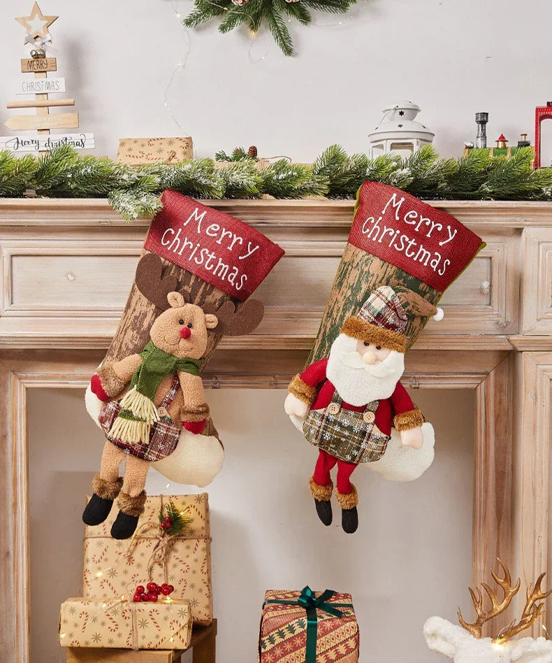 2 Pcs Large Size Christmas Stockings For Gift hanging on fireplace with Santa and reindeer designs and Merry Christmas text