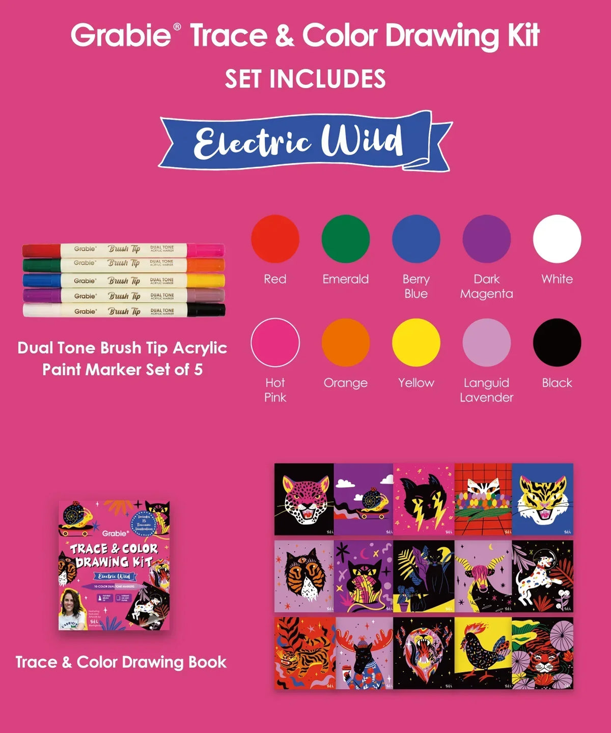 Trace & Color Drawing Kit with dual tone brush tip markers in vibrant colors and a themed coloring book featuring animal designs.