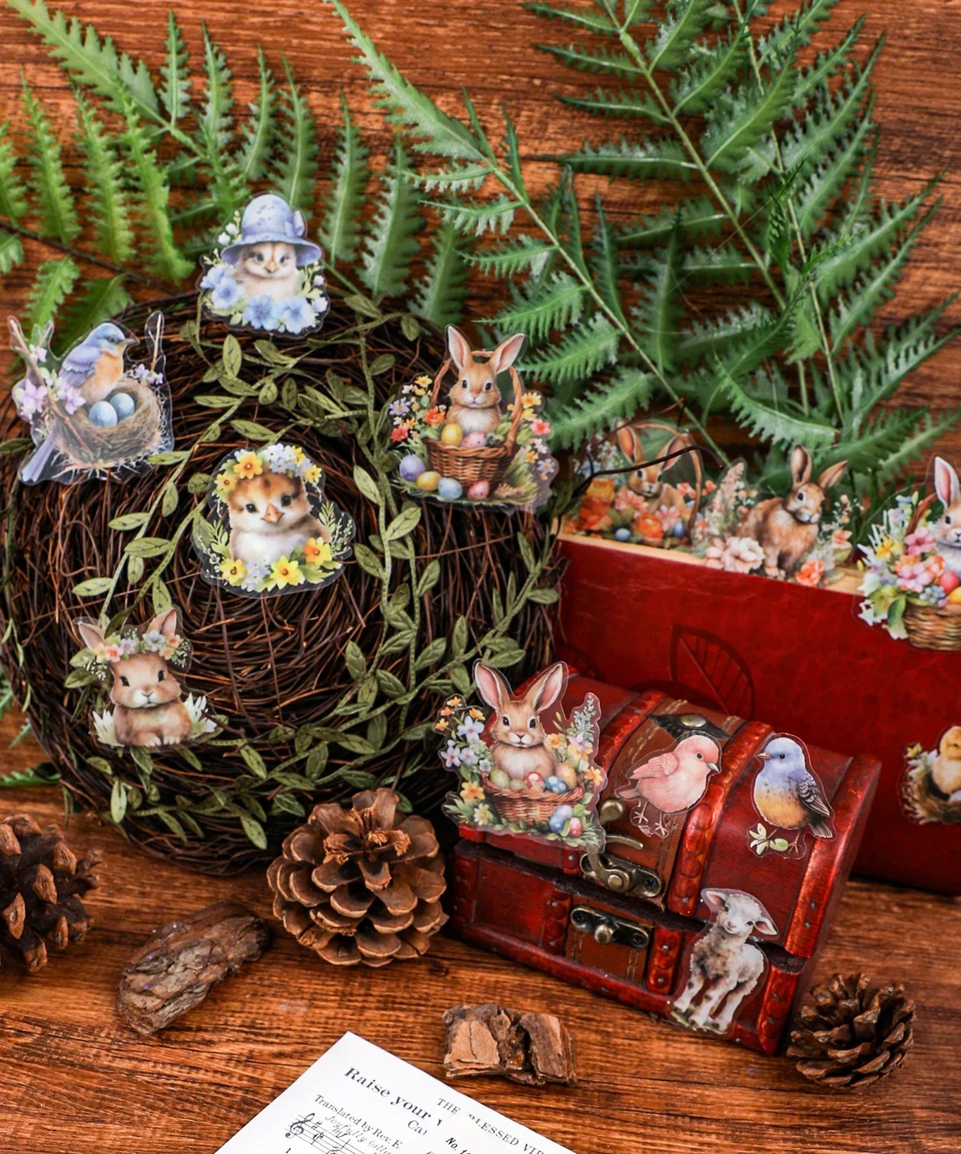 60 Pcs Grabie Exclusive The Magic Of Easter Sticker Set with woodland animals and floral designs on rustic background