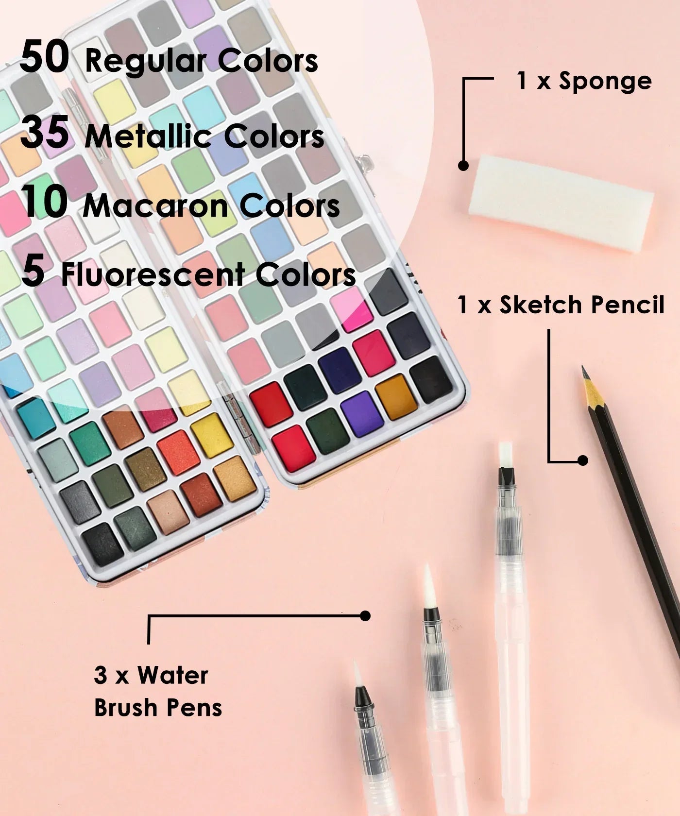 Watercolor Travel Set of 100 With Brush featuring 100 colors, water brush pens, sketch pencil, and sponge on pink background