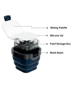 3-in-1 Paint Brush Cleaner Bucket showing mixing palette, silicone lid, paint storage box, and wash basin components