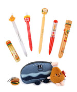 Mouthwatering Foodie Stationery Set Of 9 with cute food-themed pens, plush keychain, and a denim pouch for art supplies.