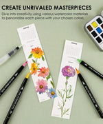 The Watercolor Beginner‘s Bundle showing floral bookmarks with dual-tip brush pens and watercolor palette on a green surface