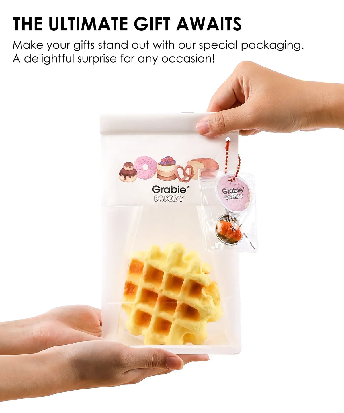 Hand holding Feel-Good Stress Relief Foam Squishy - Waffle Sandwich in clear packaging with bakery-themed design