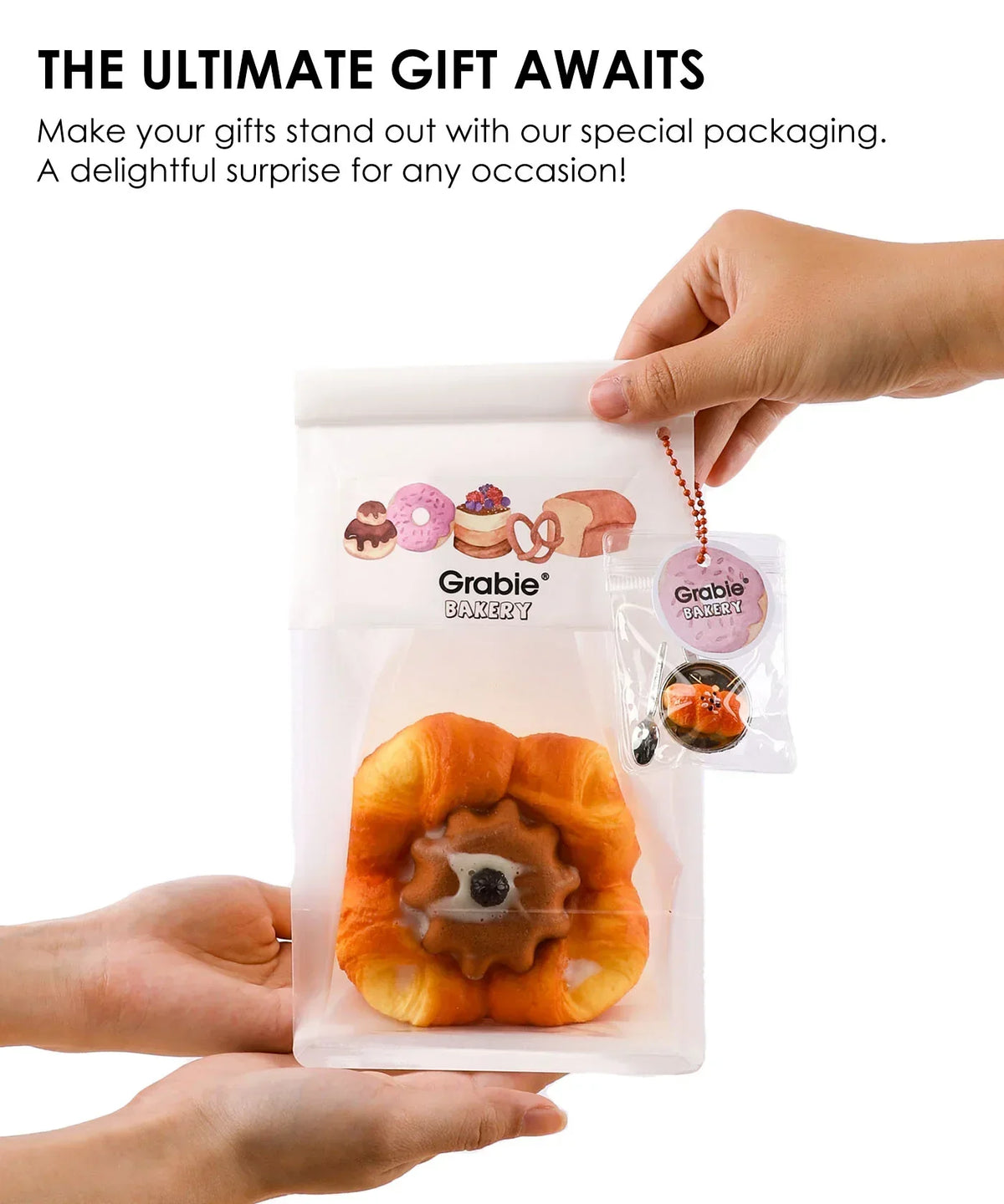 Hands holding a gift bag containing Feel-Good Stress Relief Foam Squishy - Chocolate Flower Bread with tag attached