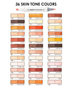 Dual-Tip Skin Tone Alcohol-Based Marker Set of 36 showcasing 36 skin tone color swatches with marker pen above.