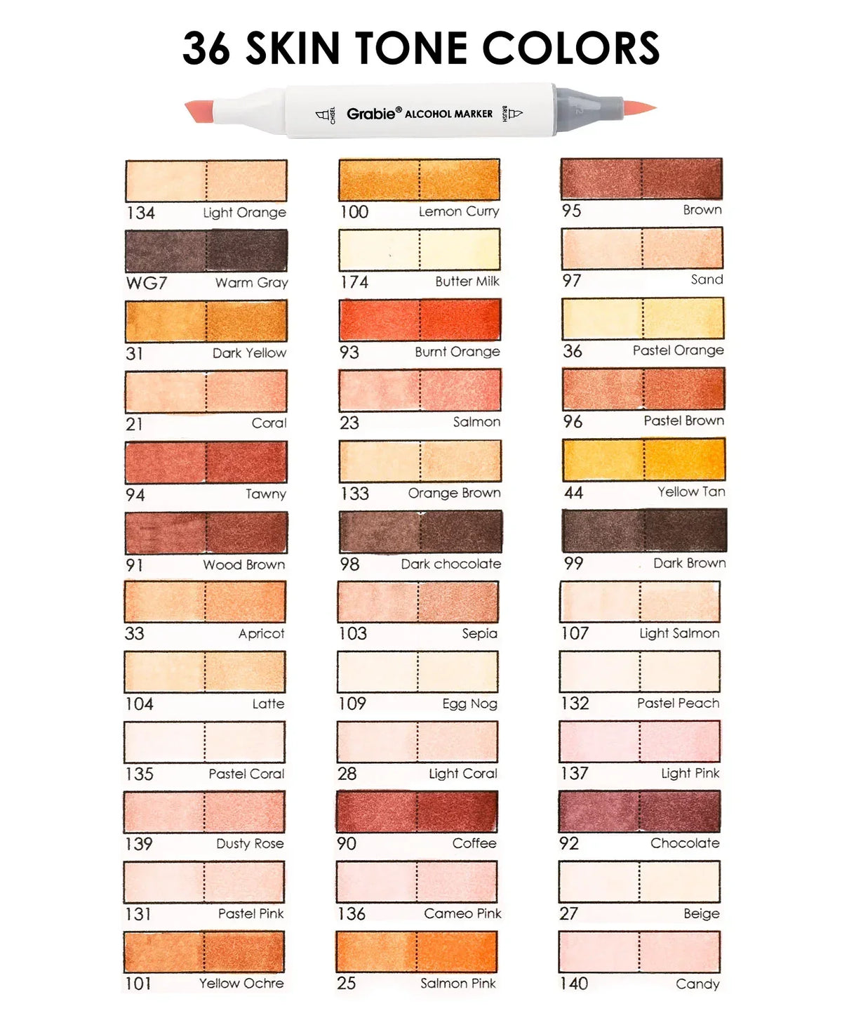 Dual-Tip Skin Tone Alcohol-Based Marker Set of 36 showcasing 36 skin tone color swatches with marker pen above.