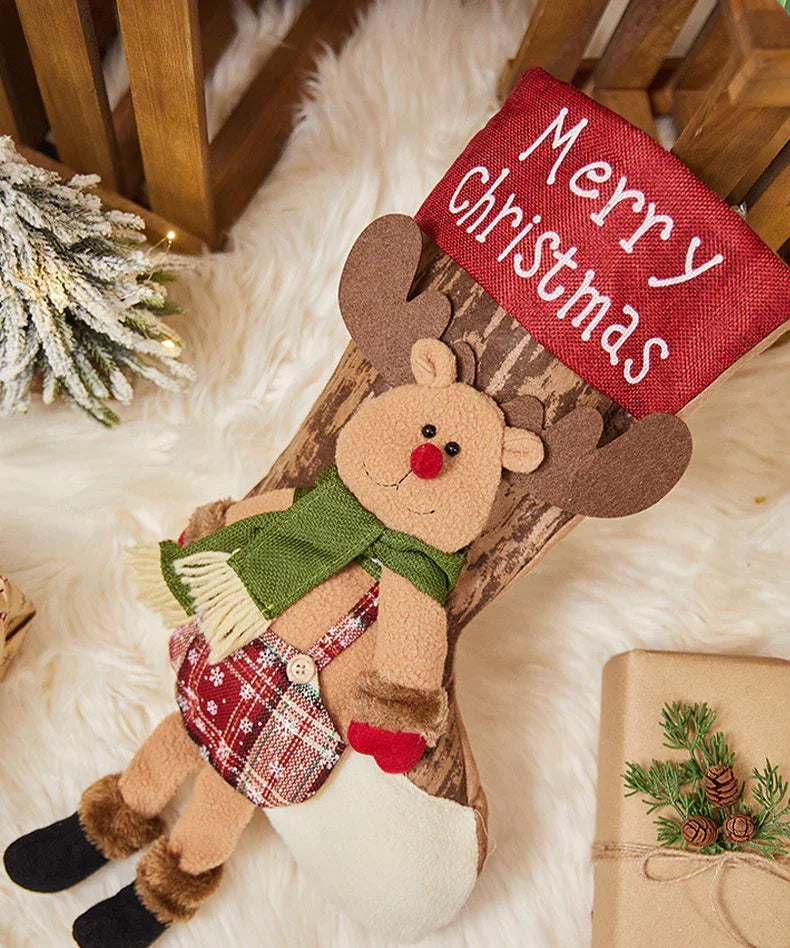 2 Pcs Large Size Christmas Stockings For Gift with reindeer design and Merry Christmas text in cozy holiday setting