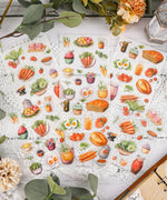 6 Sheets Grabie Exclusive Farmer's Market Sticker Set featuring watercolor vegetables, fruits, baked goods, and drinks for scrapbooking.