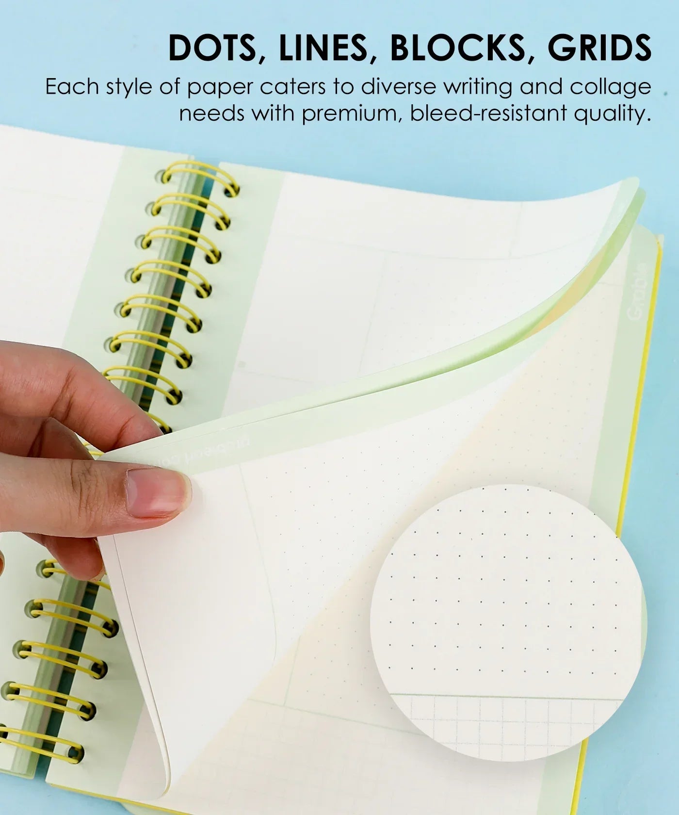 Hand flipping through pages of the 2-IN-1 POPIN Notebook showing dotted, lined, block, and grid paper styles