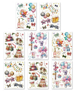 8 Sheets Grabie Exclusive New Year Sticker Set featuring festive balloons, gifts, cakes, drinks, and party decorations in watercolor style
