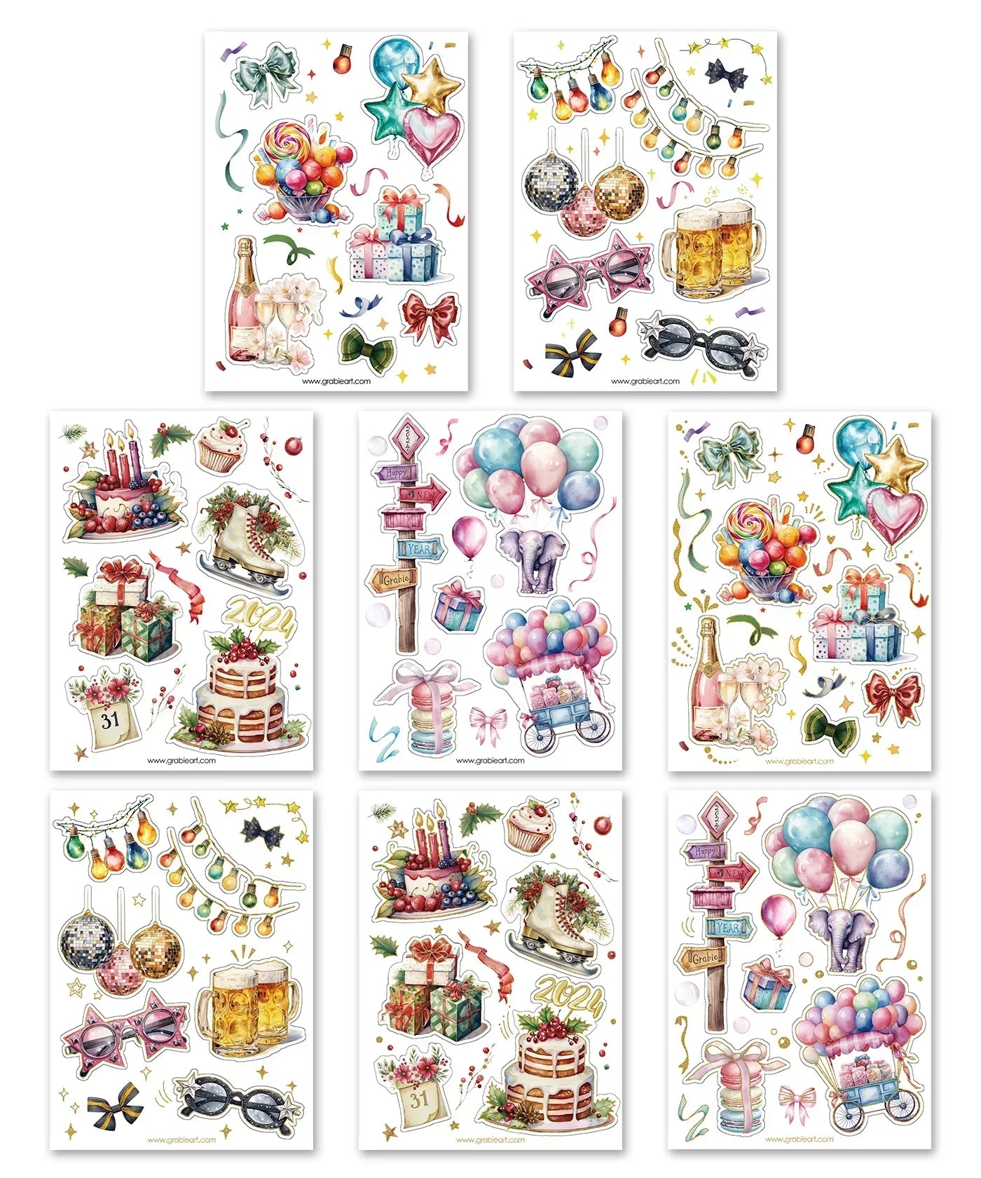 8 Sheets Grabie Exclusive New Year Sticker Set featuring festive balloons, gifts, cakes, drinks, and party decorations in watercolor style