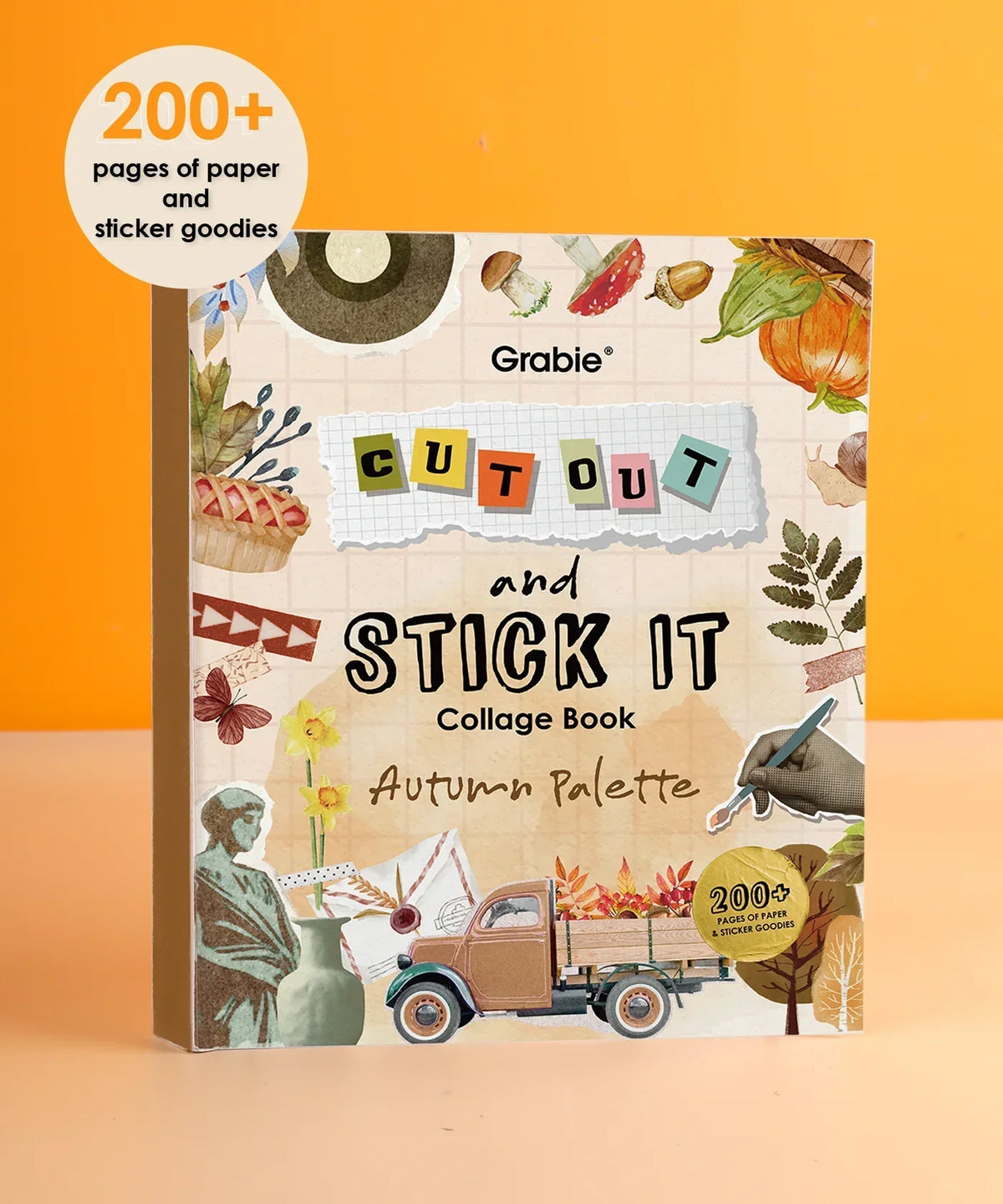 200+ Pages Autumn Palette Collage Activity Book For Faire with illustrated autumn leaves, vintage truck, and art supplies design
