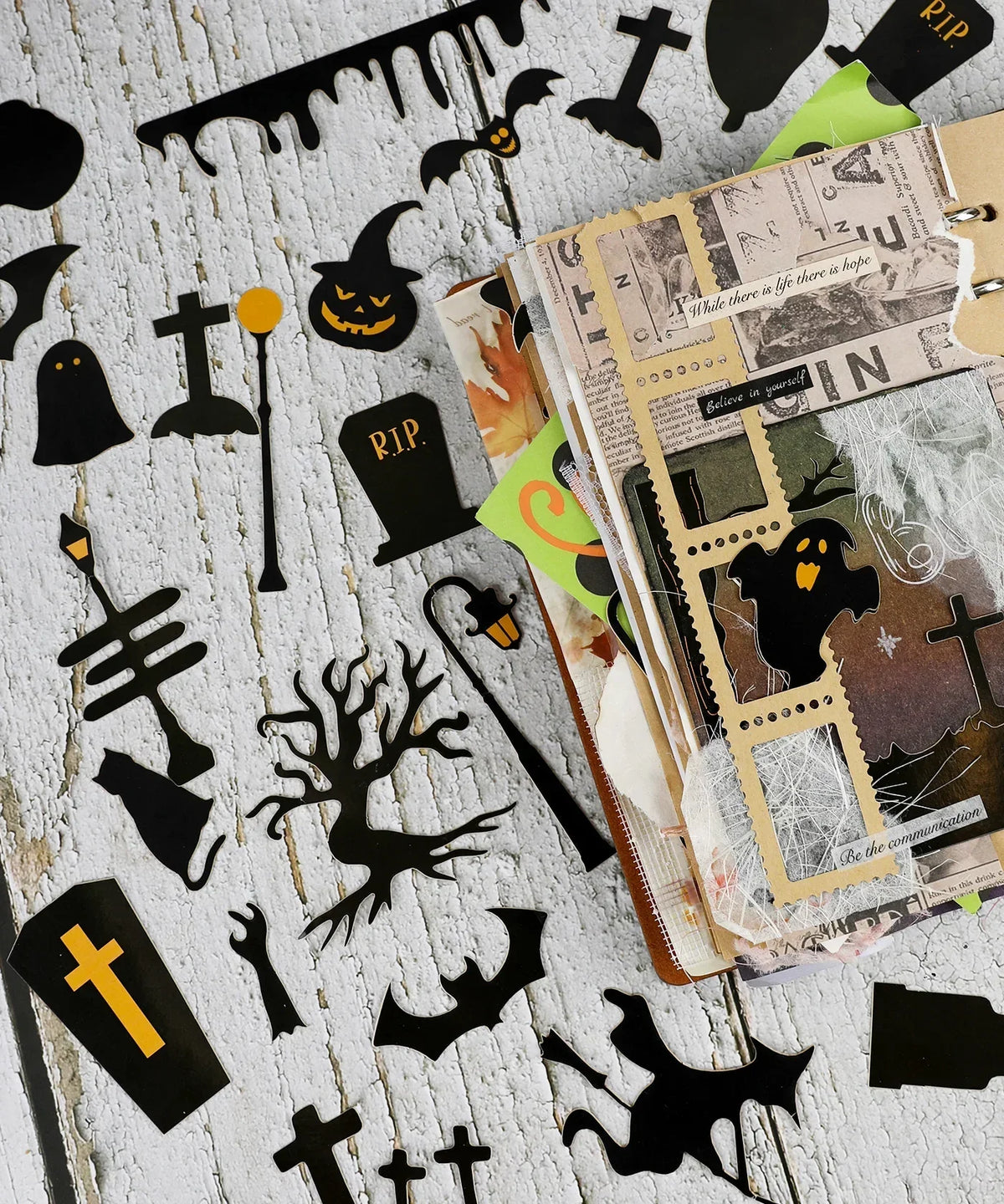 50 Pcs Grabie Exclusive Such a Fright Sticker Set with spooky ghosts, bats, pumpkins, coffins, and graveyard designs for scrapbook art supplies.