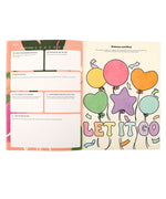 Open pages of Grabie x AATA Rock Your Inner Strength 4-Week Workbook with colorful balloon illustration and writing prompts
