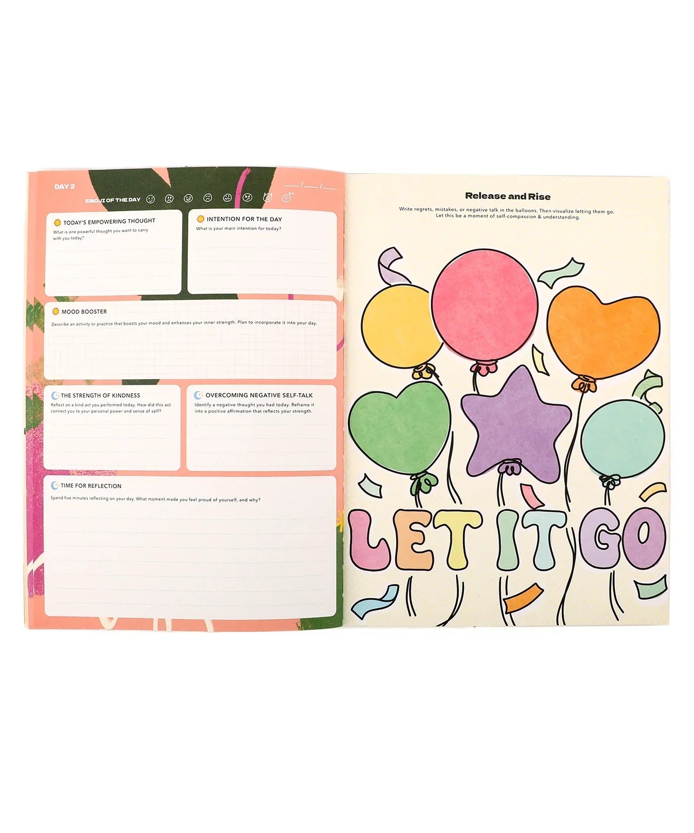 Open pages of Grabie x AATA Rock Your Inner Strength 4-Week Workbook with colorful balloon illustration and writing prompts