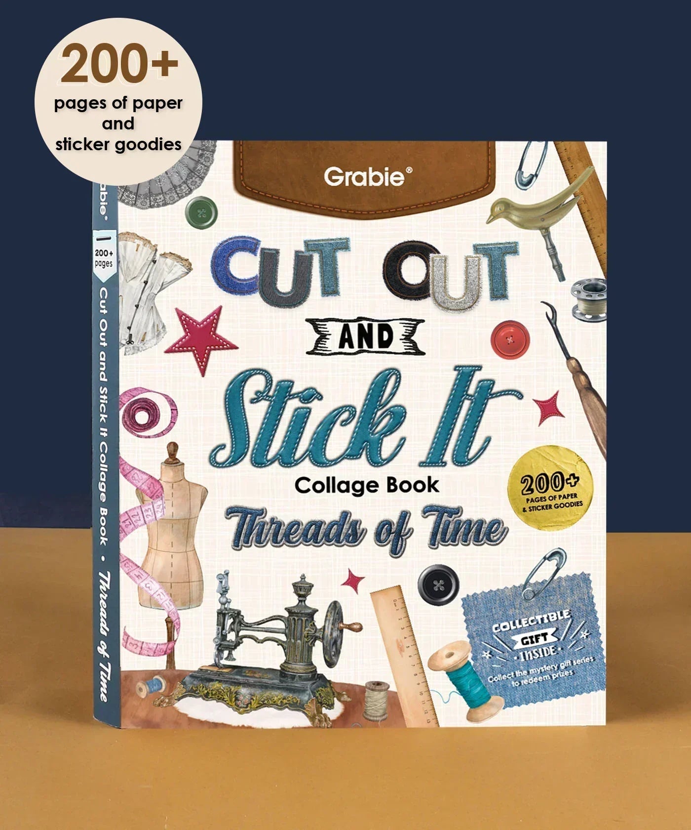 Threads Of Time-Themed Grabie Scrapbook Club Box featuring collage book with vintage sewing and craft illustrations