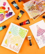 Premium Acrylic Paint Set - 22ml Tubes with colorful floral and mushroom paintings on an orange background