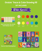 Trace & Color Drawing Kit showing Retro Groove paint marker colors, brush tip markers, and colorful art designs.