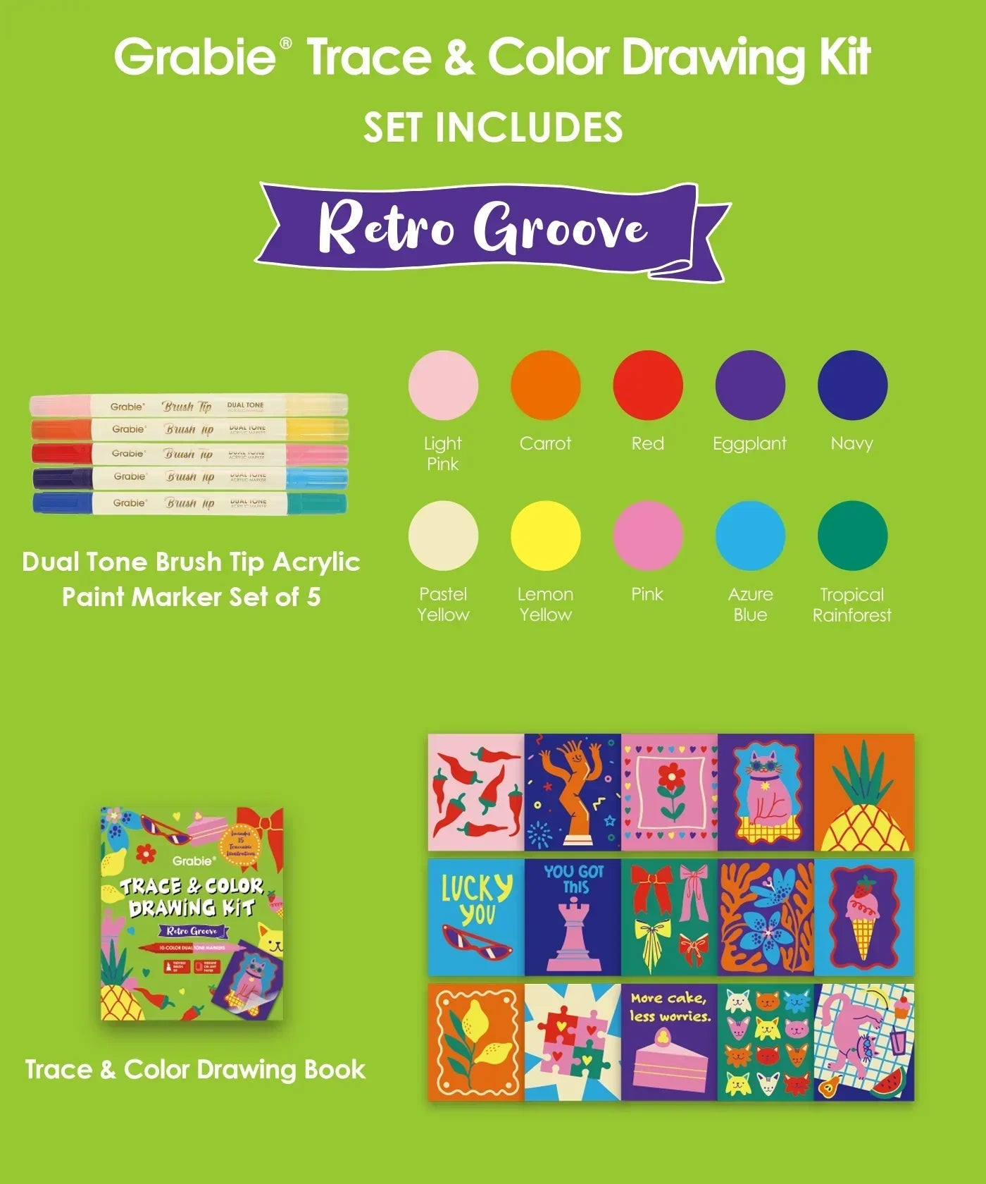 Trace & Color Drawing Kit showing Retro Groove paint marker colors, brush tip markers, and colorful art designs.