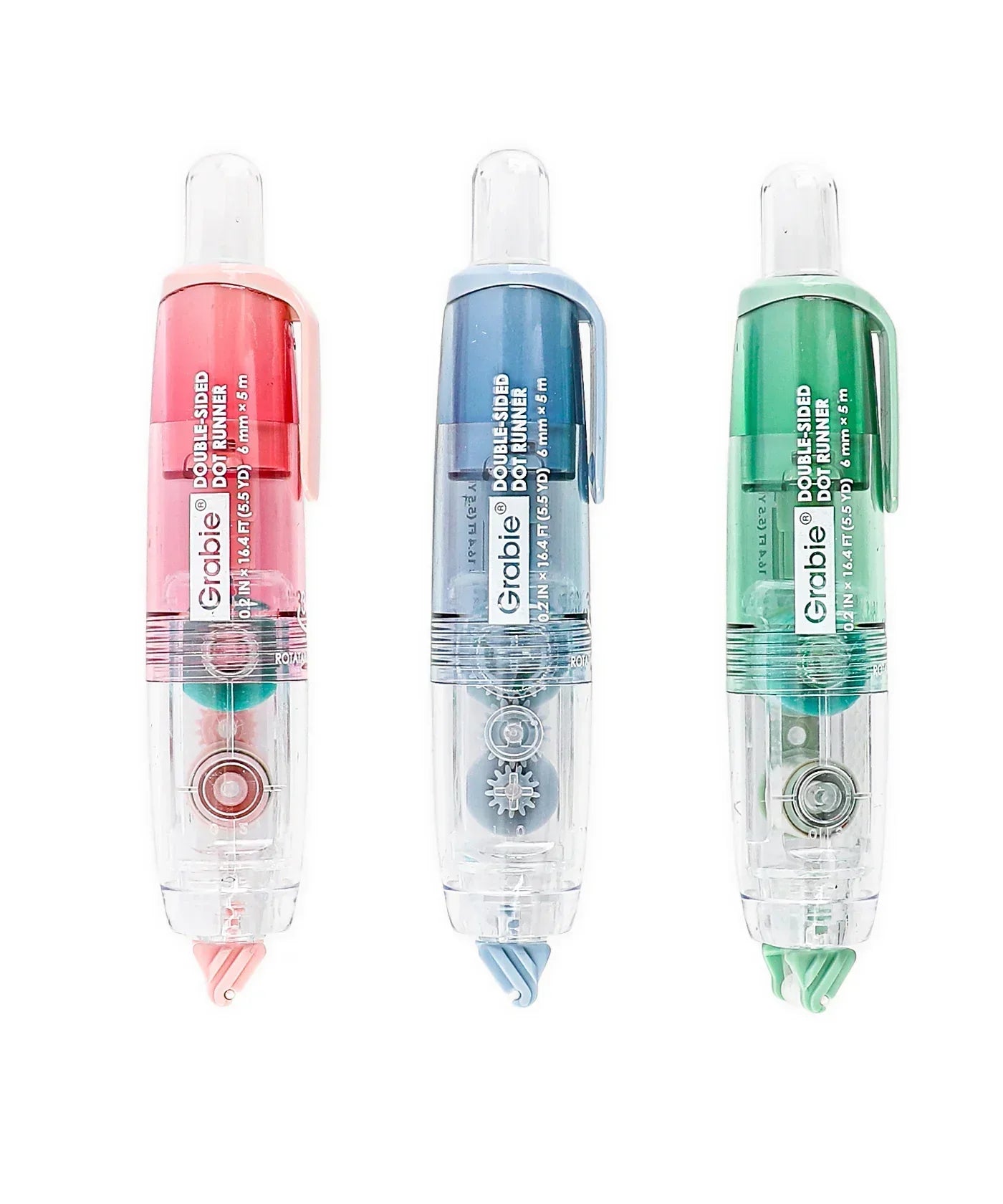 Set of three Double-Sided Adhesive Dot Runner in red, blue, and green with clear plastic casing for scrapbooking and art supplies.