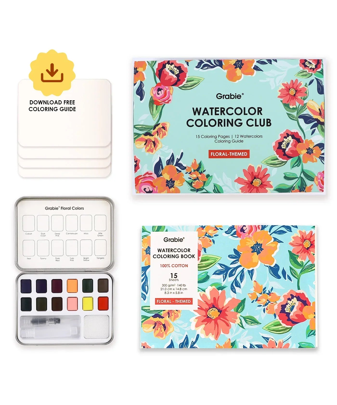 Floral-Themed Watercolor Coloring Club Box with floral designs, watercolor set, and free coloring guide displayed.