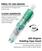 Double-Sided Adhesive Dot Runner in green with clear casing and 360-degree rotating tape head for clean adhesion